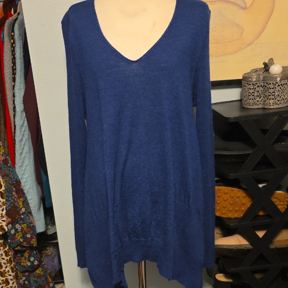 Eileen Fisher Blue High Low Sweater V- Neck Size Large